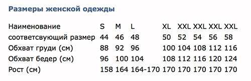 размерная сетка одежда производитель российский ростовка